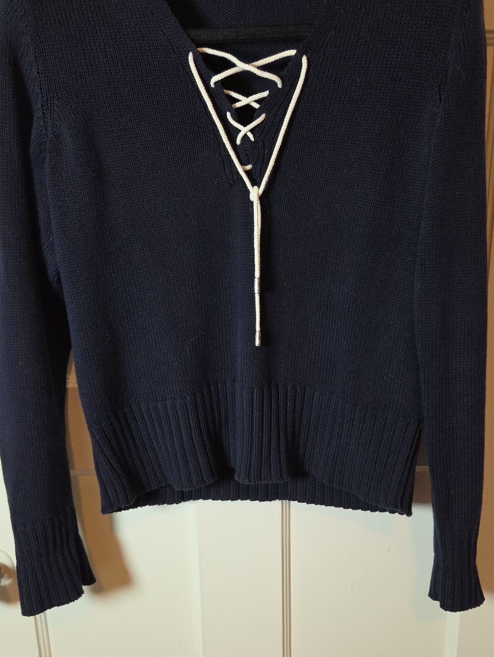 Vintage Ralph Lauren Lace-Up Knit Sweater In Navy With White Laces SZ Medium - Picture 3 of 11